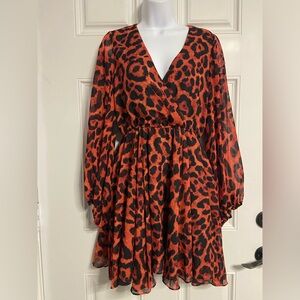 T14- FASHION NOVA Terracotta Red-Black AUTUMN Animal Print Midi Dress